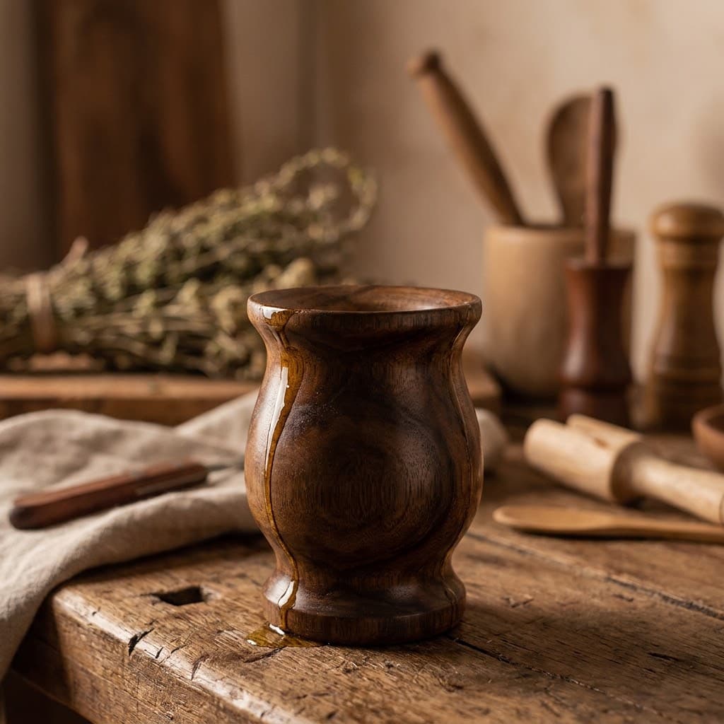 Mate de algarrobo recién aceitado sobre una mesa de madera, con utensilios de cocina de madera de fondo