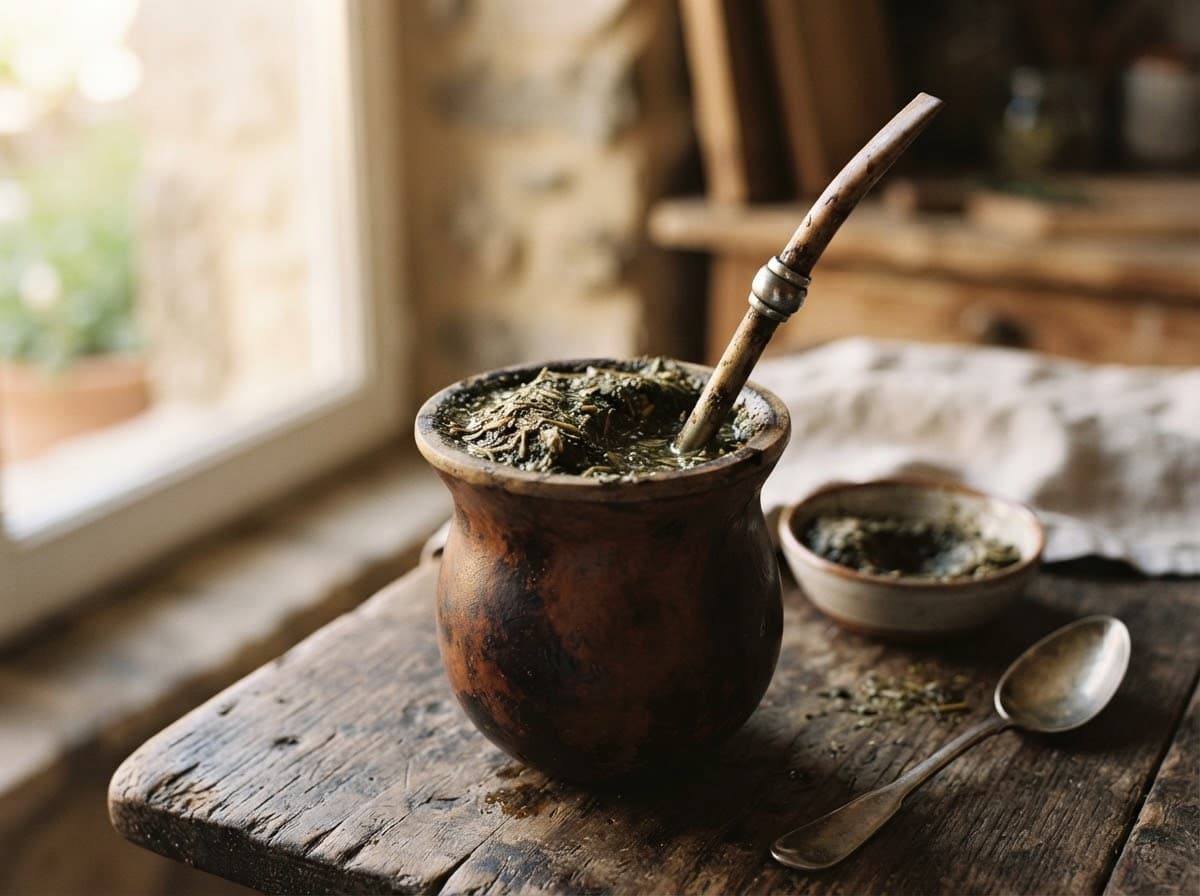 Mate de calabaza recién cebado sobre una mesa de madera, con herramientas de taller de fondo